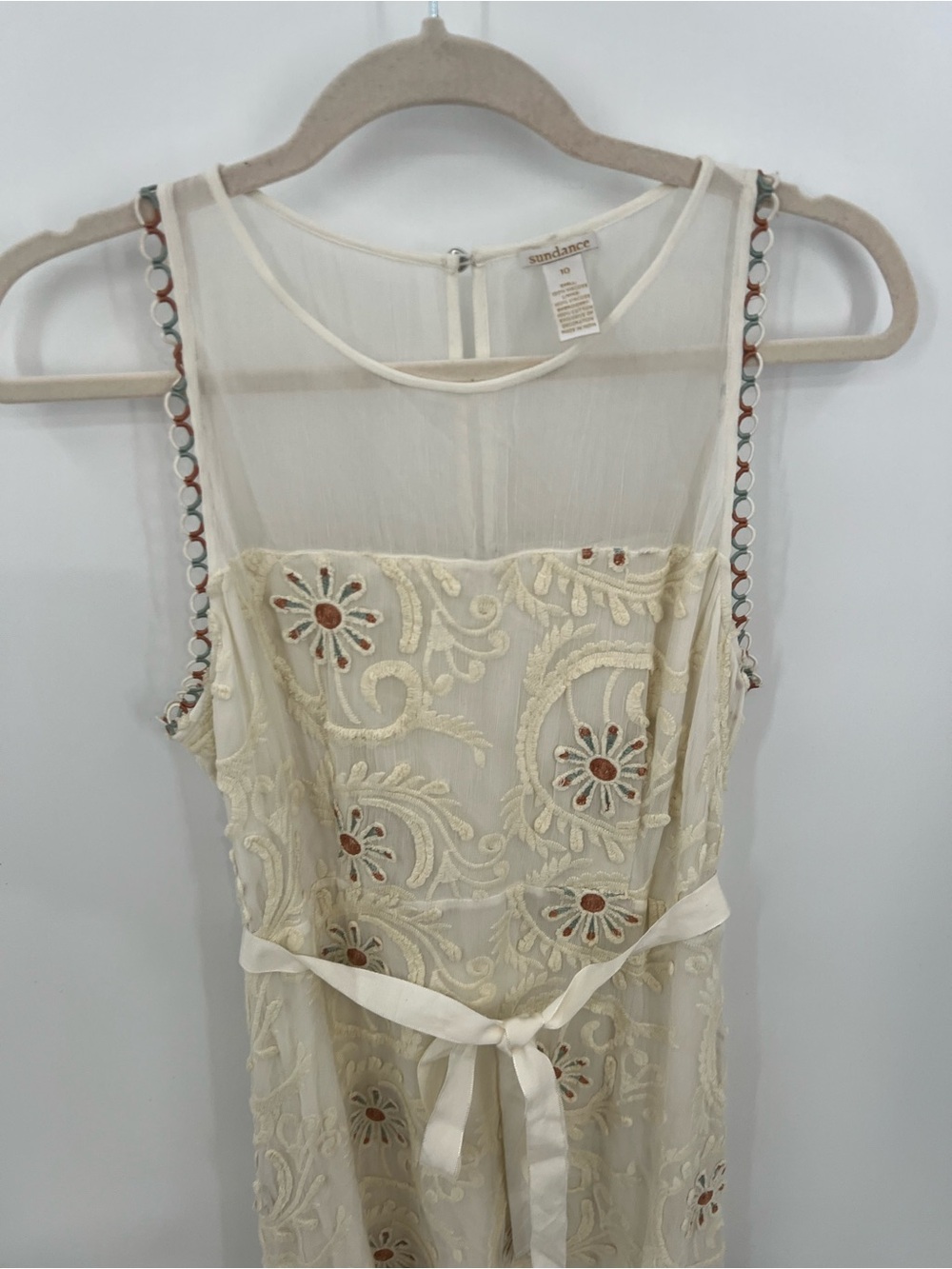 Sundance Cream Embroidered Midi Dress with Ribbon Tie - Picture 5 of 16